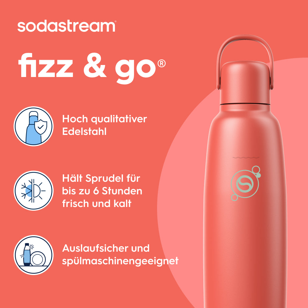 Fizz&go Edelstahl Sprudlerflasche (Papaya) 0,9 L, 1er-Pack