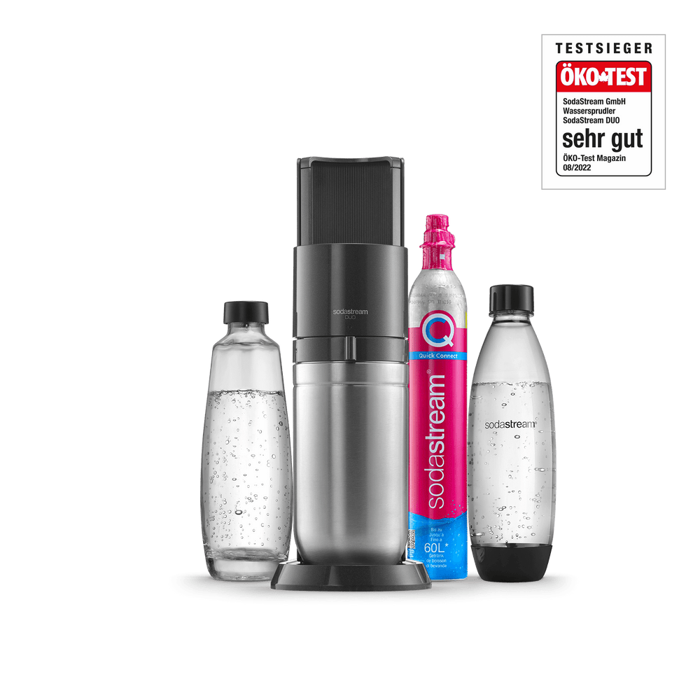 SodaStream Wassersprudler DUO mit CO2-Zylinder, 2x 1L Glasflasche und 2x 1L  spülmaschinenfeste Kunststoff-Flasche, Höhe: 44cm, Farbe: Titan